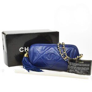 CHANEL CC Matelasse Tassel Mini Chain Shoulder Bag Leather Blue Vintage 675RL365
